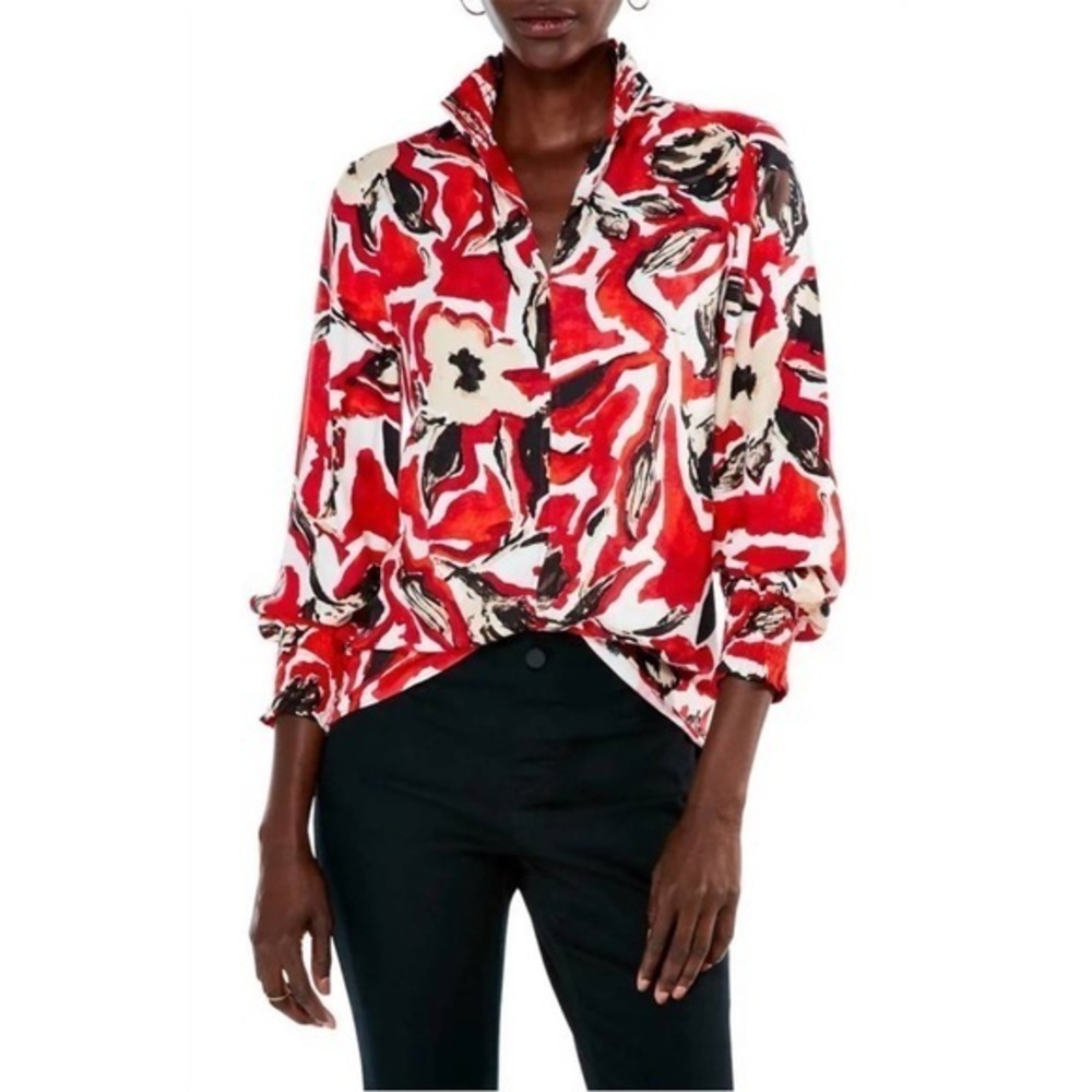 Nic + Zoe Petal Popover Smocked Red White Blouse Size Large NWT